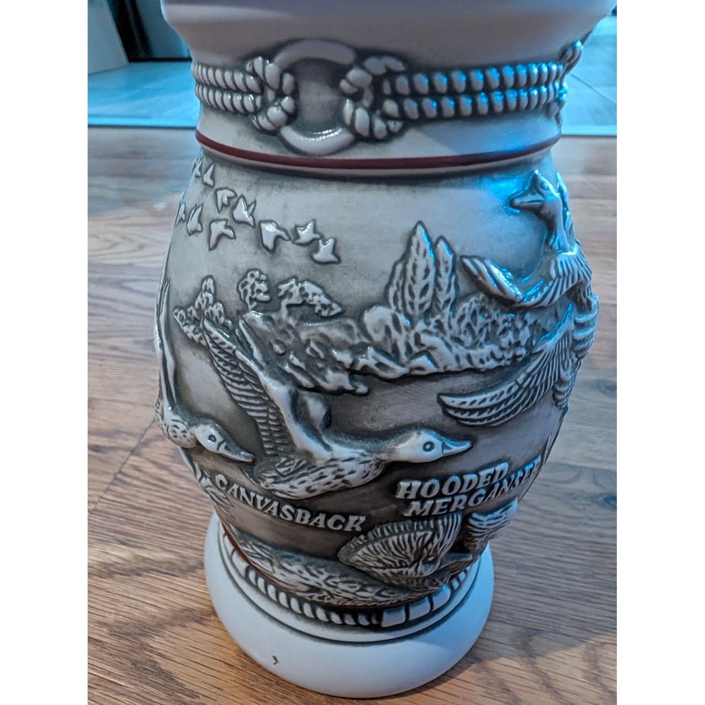 Vintage Waterfowl Ceramic Beer Stein with Hinged Metal Lid Duck Finial Relief